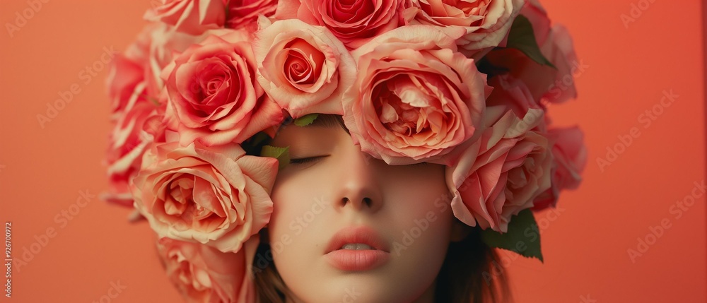 AI generator image of womans head covered with roses flowers AI generator image of womans head covered with roses flowers