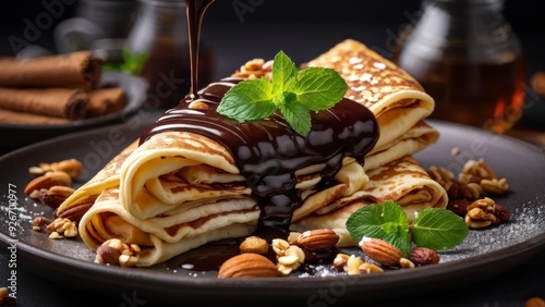 An exquisite culinary photo showing pancakes beautifully decorated with chocolate sauce, nuts and a hint of mint, emphasizing sophistication. photo