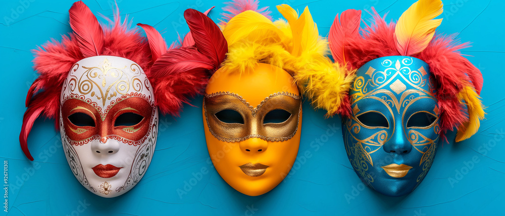 Colorful Venetian carnival masks with feathers on a blue background. Generative AI Colorful Venetian carnival masks with feathers on a blue background. Generative AI