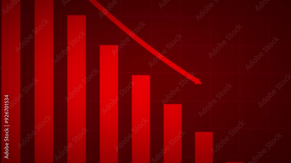  Negative chart graph animation, red arrow is making downfall on a grid background. Developing company failure, decreasing business bar chart, Bad Economy Recession, Economic crisis, Profit down