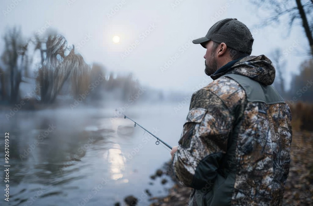 Early Morning Fisherman Casting Lines at Misty River Early Morning Fisherman Casting Lines at Misty River