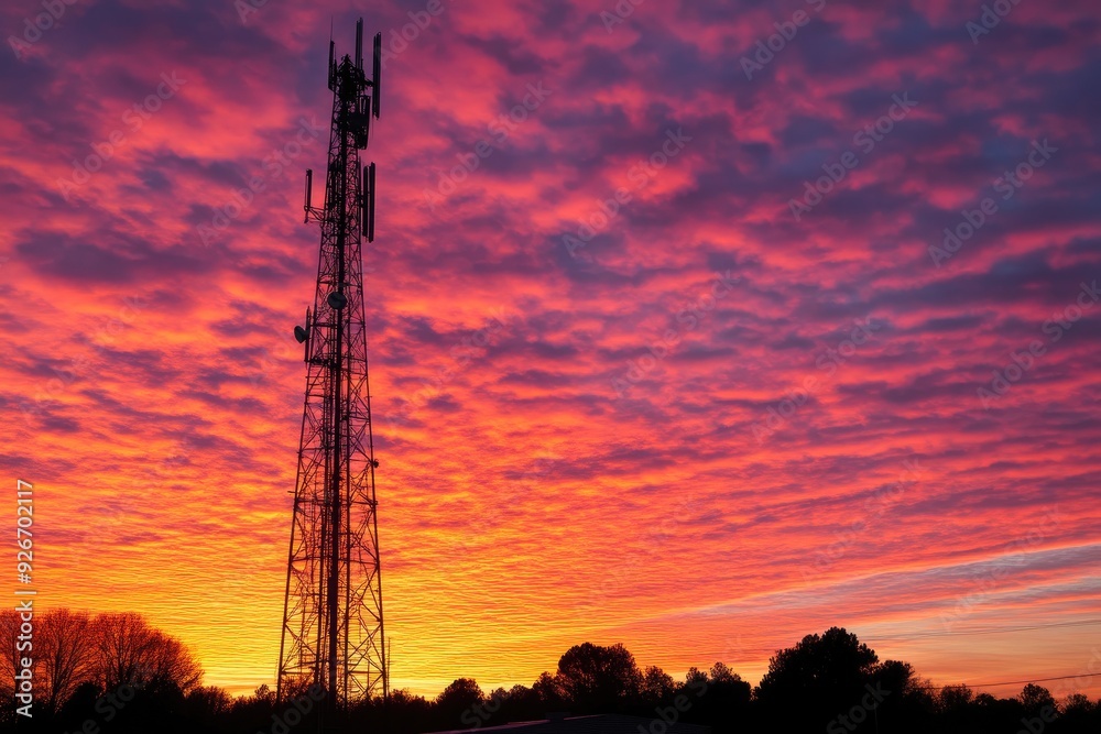 Internet Tower Silhouette at Vibrant Sunset Sky Internet Tower Silhouette at Vibrant Sunset Sky