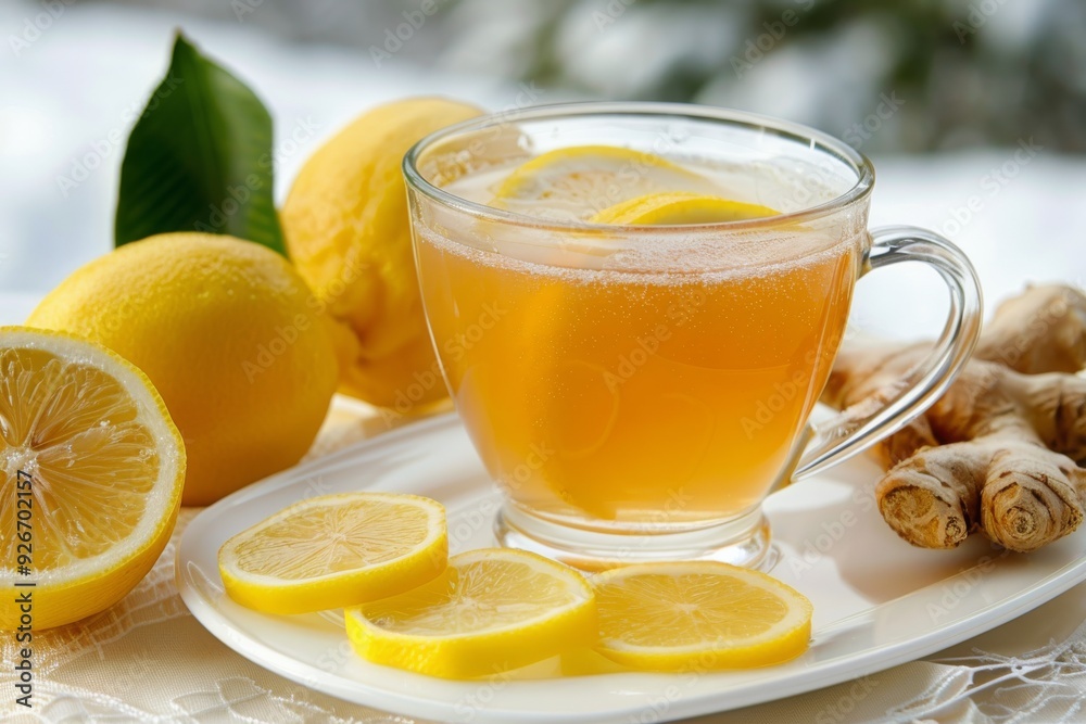 Warm Lemon Drink Against Snowy Winter Background With Fresh Lemons Warm Lemon Drink Against Snowy Winter Background With Fresh Lemons