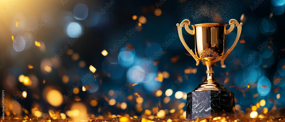 Golden trophy cup with falling confetti in a bokeh-light celebration background. Copy space. Generative AI