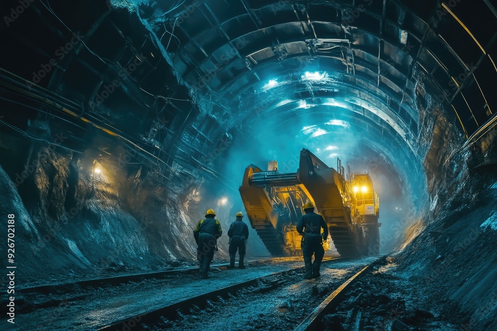 Fototapeta premium Underground Mining Crew Operating Heavy Machinery in Deep Mine