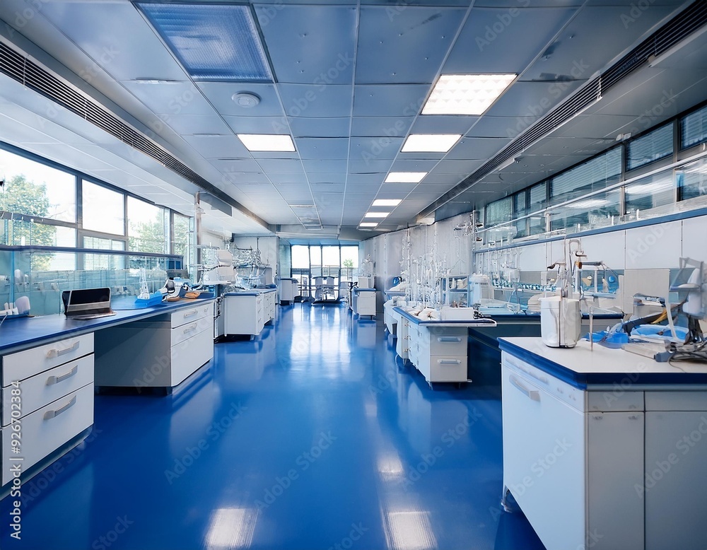 interior of a modern laboratory with blue epoxy floor interior of a modern laboratory with blue epoxy floor