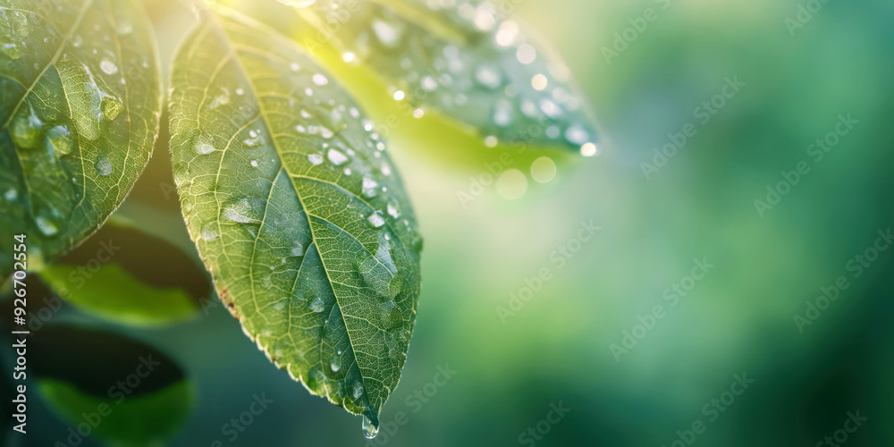 Close-Up of Green Leaf with Dew Drops in Morning Sunlight Close-Up of Green Leaf with Dew Drops in Morning Sunlight