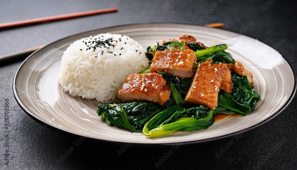 Japanese Cuisine with Rice, Spinach, and Pork Japanese Cuisine with Rice, Spinach, and Pork
