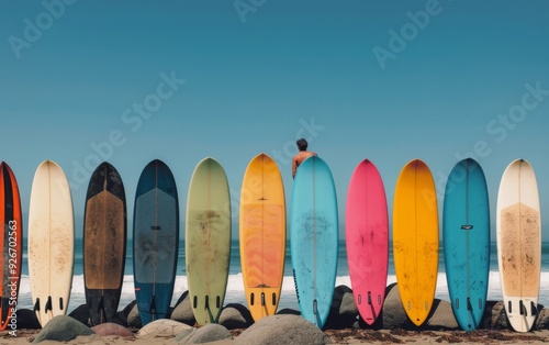 Colorful Surfboards Lined Up on Sandy Beach With Rocky Cliffs in Background