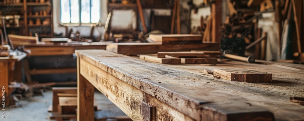 A rustic woodworking shop with wooden planks on a workbench, tools, and equipment in the background. Sunlight streaming through a window. A rustic woodworking shop with wooden planks on a workbench, tools, and equipment in the background. Sunlight streaming through a window.