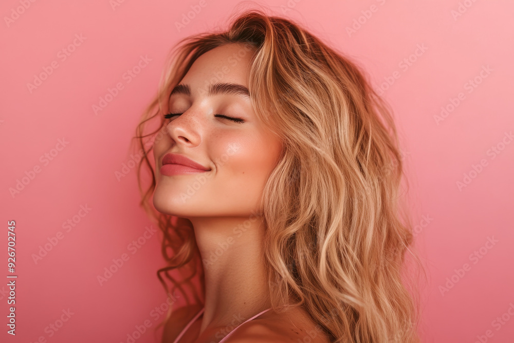 Fototapeta premium A close up of a black woman's face with her eyes closed and long blond hair
