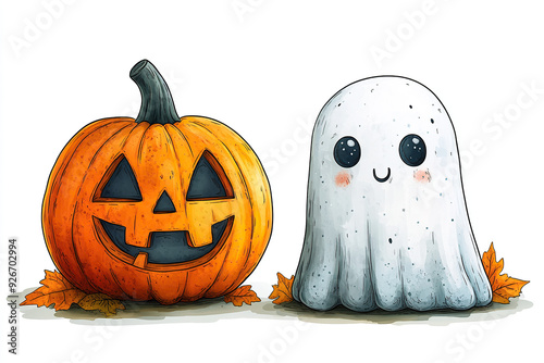 cute ilustration halloween pumkin and cute ghost isolated white background