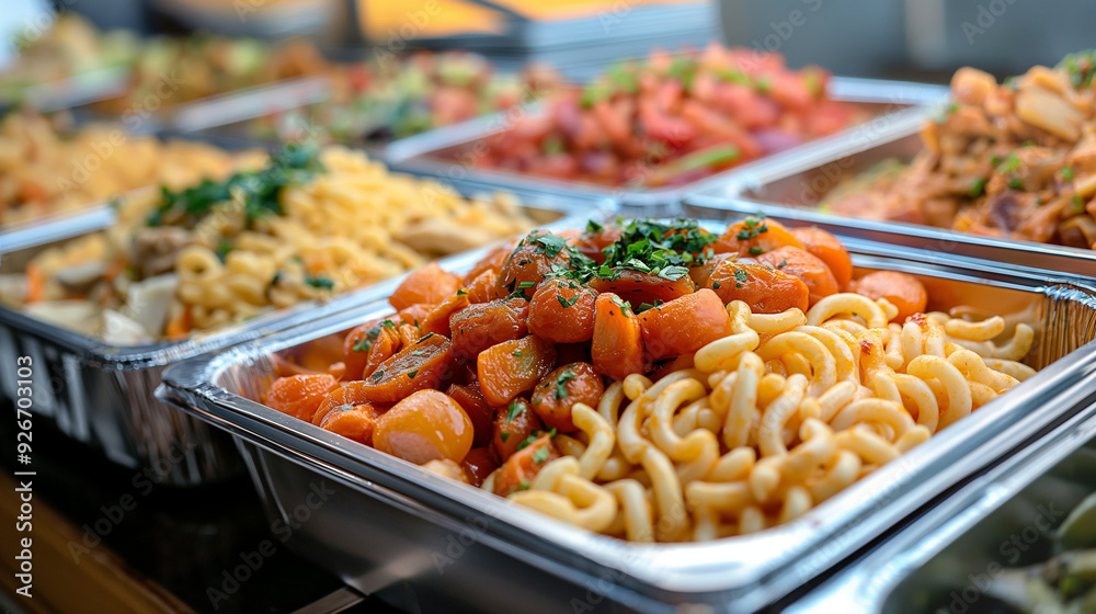 Close-up of assorted pasta dishes in buffet trays. Generative AI Close-up of assorted pasta dishes in buffet trays. Generative AI