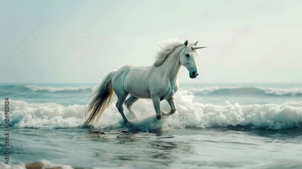 Magical White Unicorn Running through Ocean Waves at Sunset Magical White Unicorn Running through Ocean Waves at Sunset