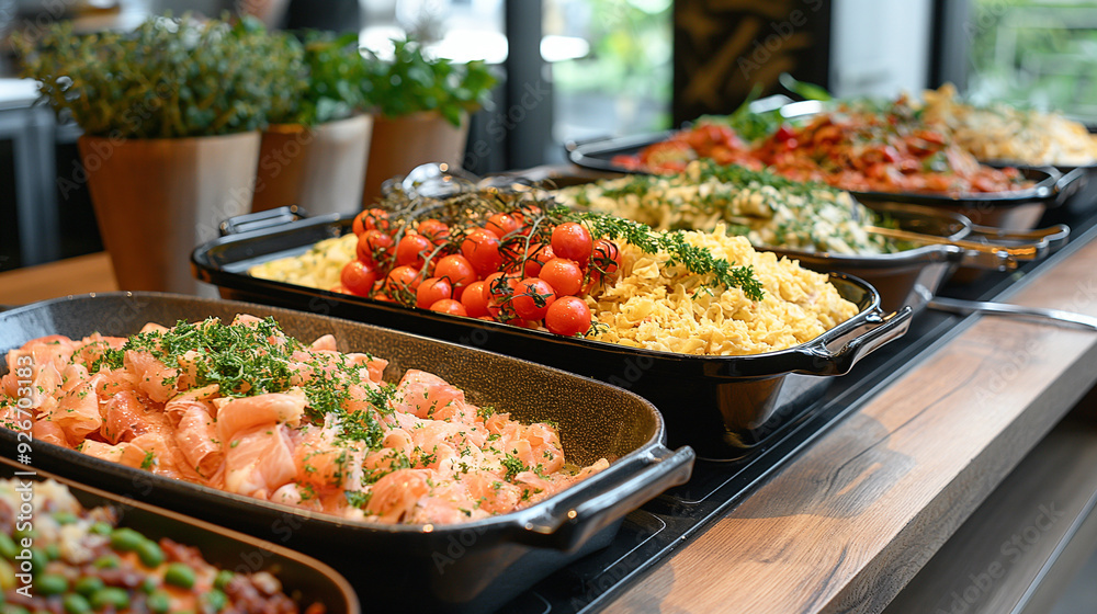 Delicious buffet of assorted pasta salads with fresh ingredients on display. Generative AI Delicious buffet of assorted pasta salads with fresh ingredients on display. Generative AI