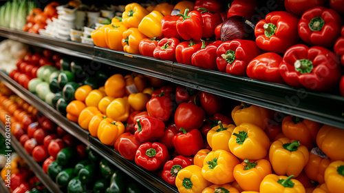 Colorful bell peppers neatly stacked on grocery store shelf. Generative AI