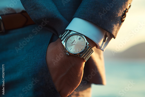 A man in a business suit checking a wrist watch on his hand on background 