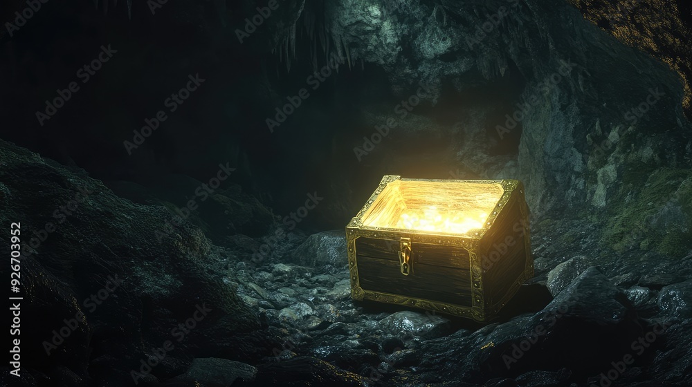 A treasure chest emitting a soft glow in the depths of a dark, rocky cave.