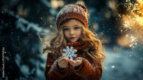 Girl holding magic snowflake in hands, Merry Christmas and Happy New Year greeting card concept, snowy winter forest background, Christmas Eve