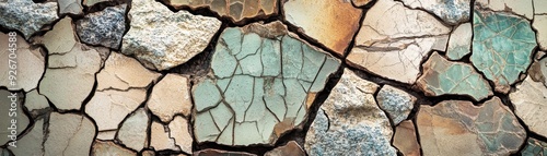 Close-up of an abstract cracked stone mosaic pattern with various colors and textures, creating a unique and artistic design. photo