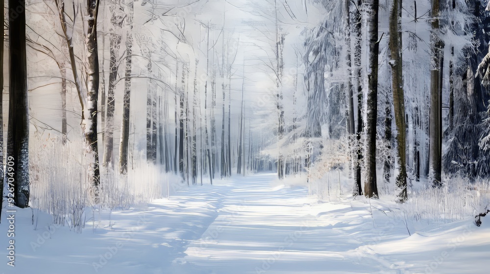 Naklejka premium Frozen forest with snowy trees.