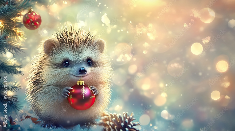 Hedgehog and Christmas tree and toy. Close up cute hedgehog in Winter, Christmas holiday decoration background. AI generated image Hedgehog and Christmas tree and toy. Close up cute hedgehog in Winter, Christmas holiday decoration background. AI generated image