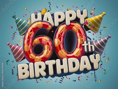 Happy 60th birthday with shiny golden balloons and confetti photo