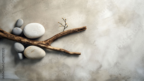 Minimalist Japanese Zen Garden with Stones and Driftwood on Textured Background