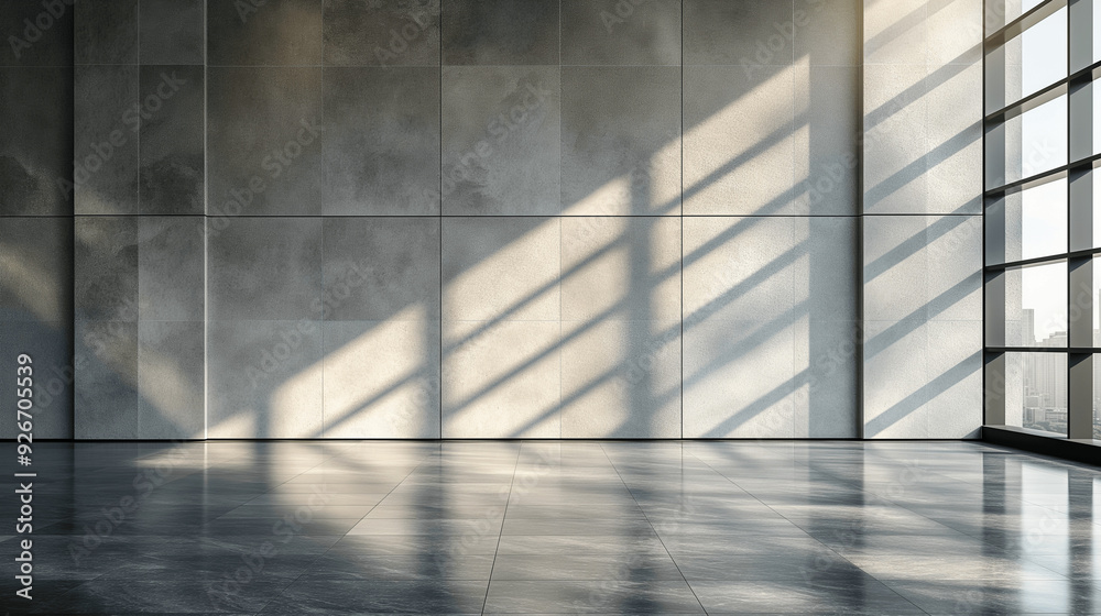 Modern empty concrete interior with large windows and natural light. Copy space. Generative AI	