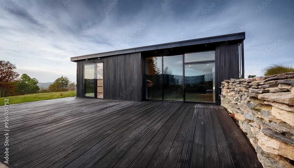 Modern Black House with Wooden Deck and Stone Wall Modern Black House with Wooden Deck and Stone Wall