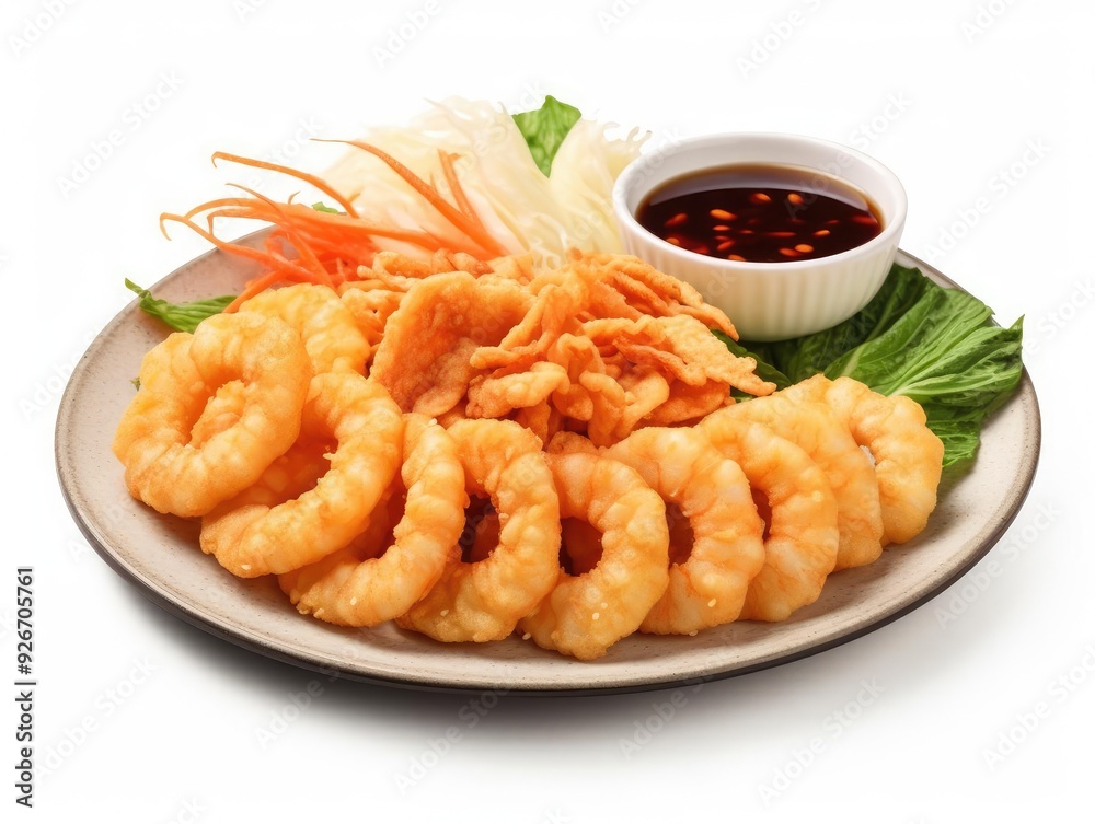 Delicious fried shrimp served with fresh vegetables and dipping sauce, perfect for seafood lovers and culinary enthusiasts. Delicious fried shrimp served with fresh vegetables and dipping sauce, perfect for seafood lovers and culinary enthusiasts.