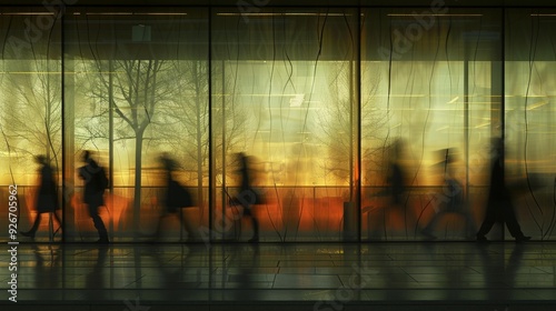 Silhouetted commuters walking past large glass windows at sunset, creating an atmospheric scene of urban life, reflections of trees enhance tranquil ambiance.