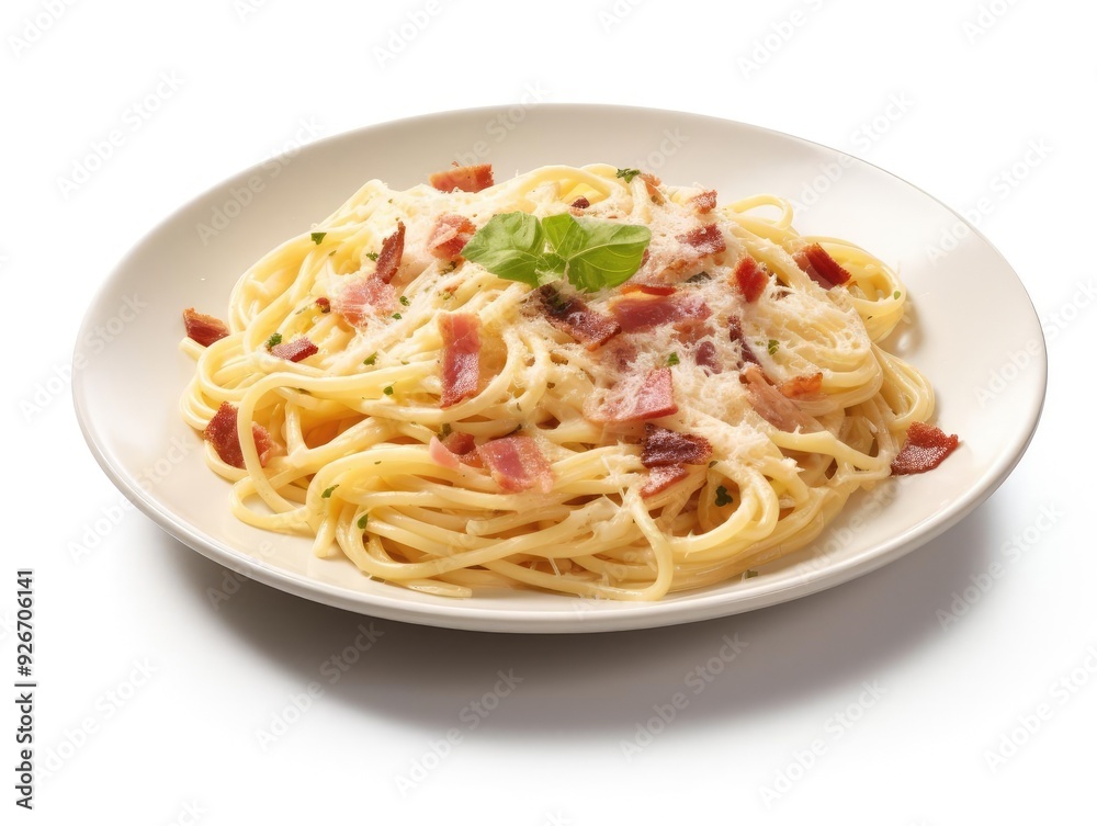 Delicious plate of creamy pasta with bacon and a hint of basil, perfect for food lovers and culinary enthusiasts. Delicious plate of creamy pasta with bacon and a hint of basil, perfect for food lovers and culinary enthusiasts.