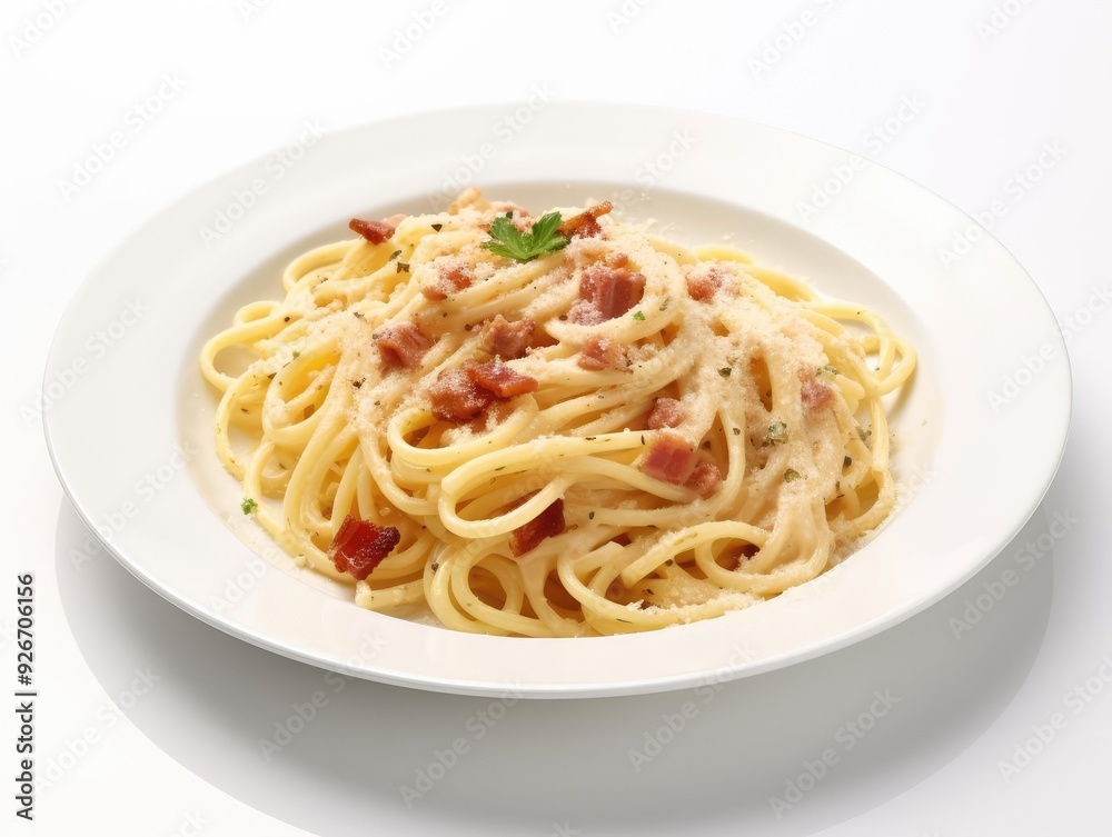 Delicious spaghetti carbonara served on a white plate, garnished with parsley, perfect for Italian cuisine lovers. Delicious spaghetti carbonara served on a white plate, garnished with parsley, perfect for Italian cuisine lovers.