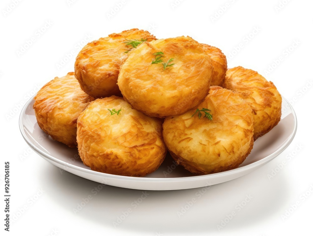 Golden-brown potato cakes arranged on a white plate, ideal for snack or appetizer, showcasing crispy texture and a delicious appearance. Golden-brown potato cakes arranged on a white plate, ideal for snack or appetizer, showcasing crispy texture and a delicious appearance.
