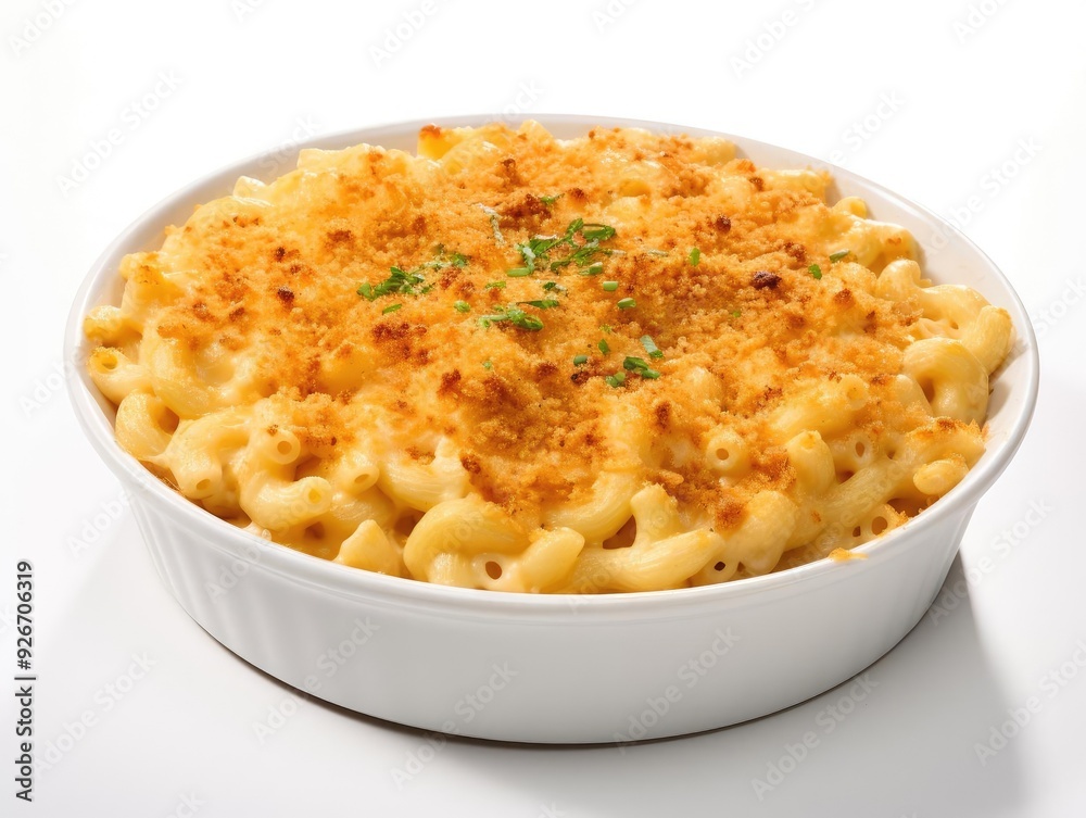 Delicious creamy macaroni and cheese topped with golden breadcrumbs in a white bowl, perfect for comfort food lovers. Delicious creamy macaroni and cheese topped with golden breadcrumbs in a white bowl, perfect for comfort food lovers.