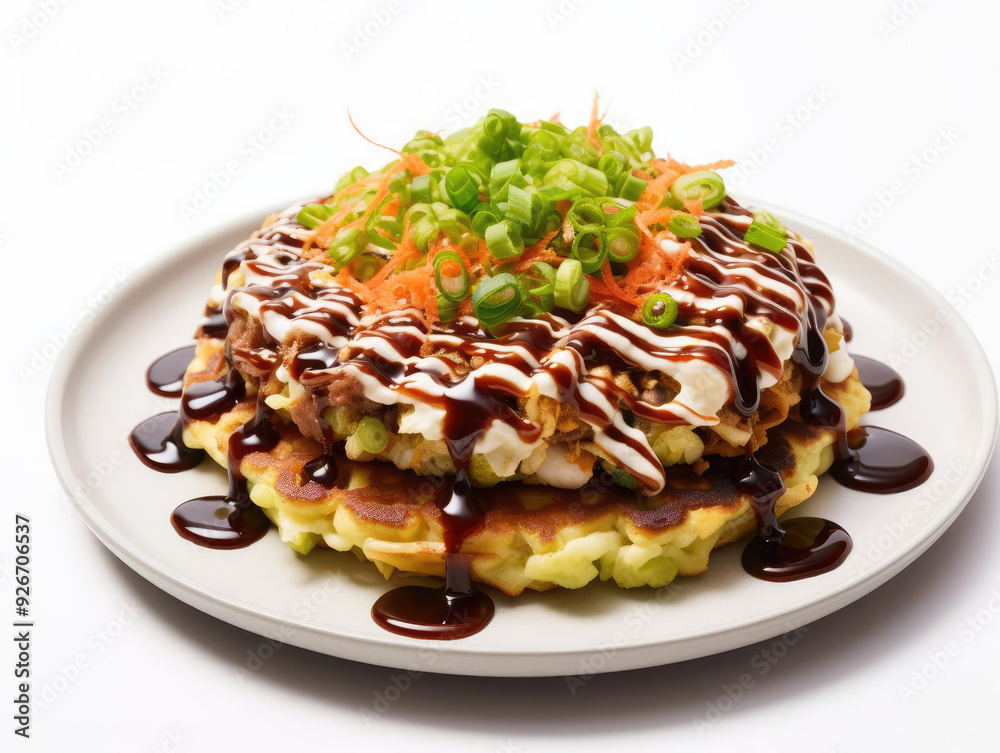 Delicious savory pancake topped with green onion, sauce, and carrots. Perfect for food photography and culinary presentations. Delicious savory pancake topped with green onion, sauce, and carrots. Perfect for food photography and culinary presentations.