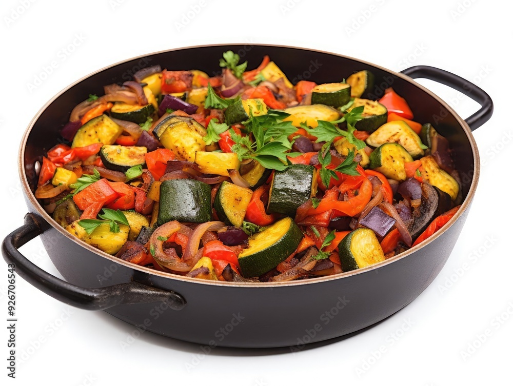 A vibrant vegetable medley featuring zucchini, bell pepper, and onion, cooked to perfection in a black skillet. A vibrant vegetable medley featuring zucchini, bell pepper, and onion, cooked to perfection in a black skillet.