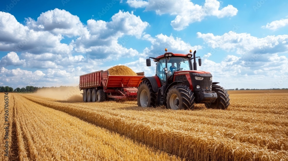 Obraz premium Tractor harvests wheat