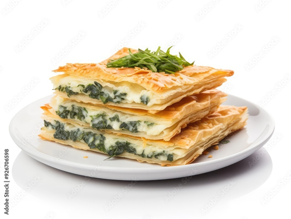 Delicious pastry with layers of creamy spinach filling, garnished with fresh herbs on a white plate. Delicious pastry with layers of creamy spinach filling, garnished with fresh herbs on a white plate.