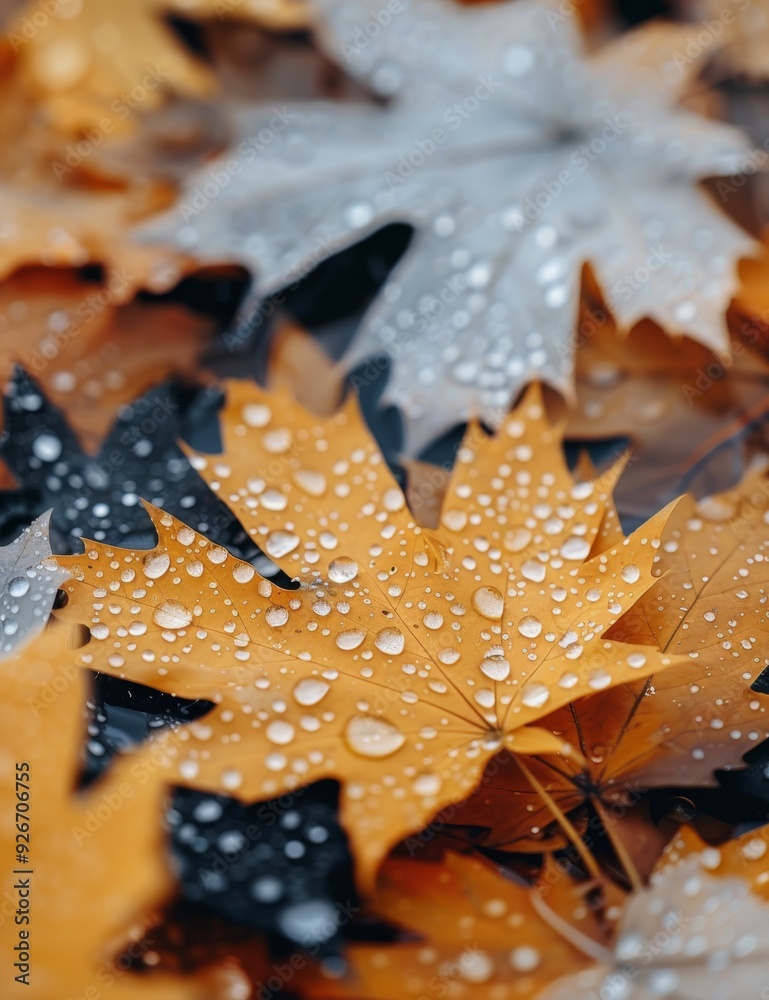Colorful Fall Leaves Covered in Raindrops on the Ground in Autumn Colorful Fall Leaves Covered in Raindrops on the Ground in Autumn