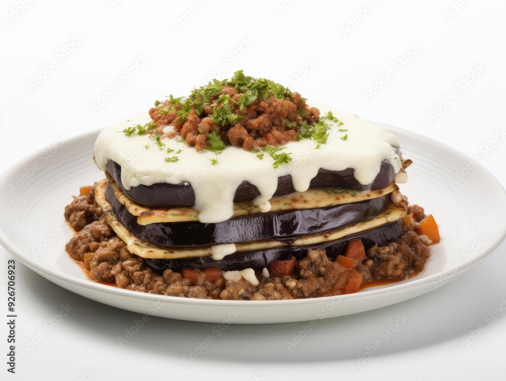 Delicious layered eggplant dish topped with creamy sauce and savory meat, perfect for a gourmet meal or special occasion. Delicious layered eggplant dish topped with creamy sauce and savory meat, perfect for a gourmet meal or special occasion.
