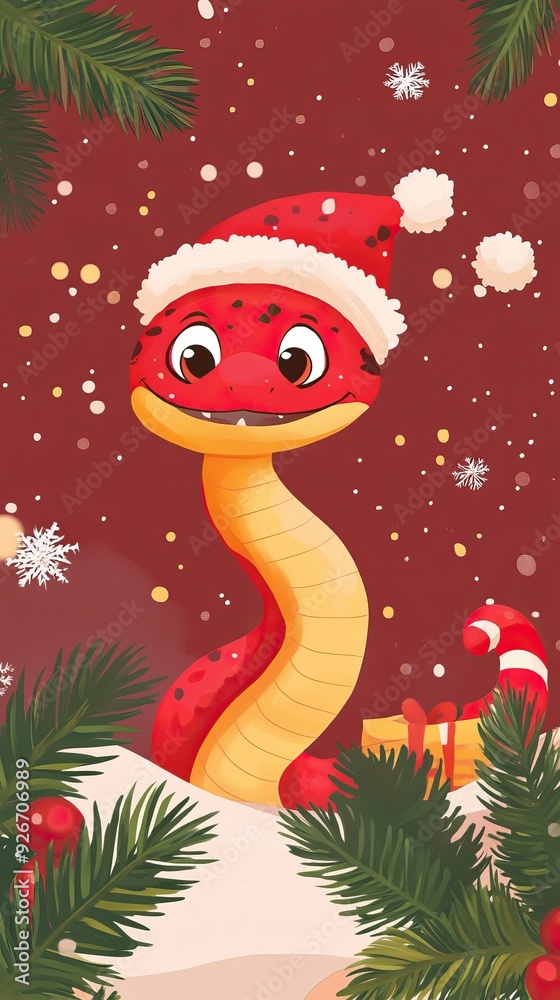 Fototapeta premium Cheerful Christmas Cute Snakes in Santa Hats and Holiday Decor, Bringing Festive Smiles and Joy. AI generated image