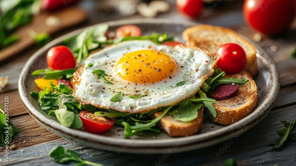 Fried egg combo on wood Fried egg combo on wood