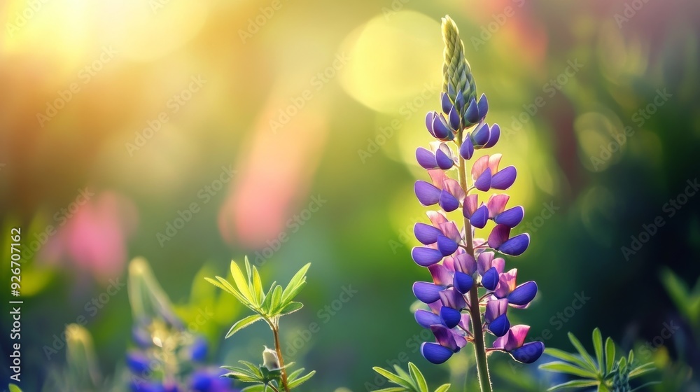 Blossoming lupine paints a vibrant tapestry on greenery. Blossoming lupine paints a vibrant tapestry on greenery.