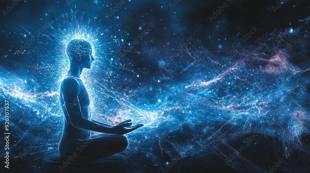 A futuristic portrayal of sound waves connecting a meditation figure to cosmic energy sources, enhancing the power of subconscious treatment music A futuristic portrayal of sound waves connecting a meditation figure to cosmic energy sources, enhancing the power of subconscious treatment music
