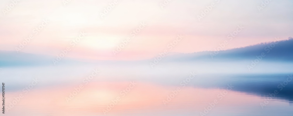 Fototapeta premium Serene and ethereal landscape of a calm lake at dawn, featuring soft pastel colors and a misty atmosphere, perfect for tranquil and peaceful themes.