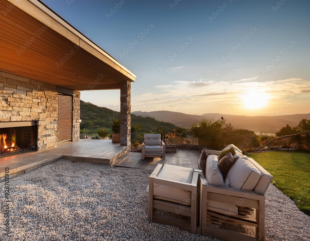 Modern House with Stone Fireplace and Patio at Sunset Modern House with Stone Fireplace and Patio at Sunset