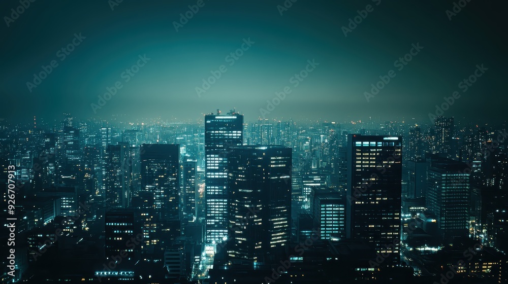 Stunning cityscape at night featuring towering skyscrapers and illuminated buildings under a dark, moody sky exuding urban atmosphere and energy. Stunning cityscape at night featuring towering skyscrapers and illuminated buildings under a dark, moody sky exuding urban atmosphere and energy.