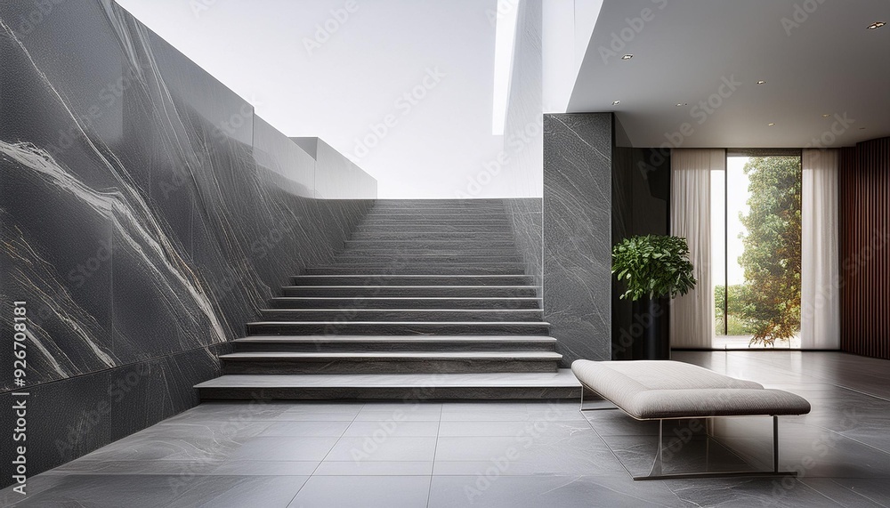Modern Interior Design with Grey Marble Steps and a Long Bench Modern Interior Design with Grey Marble Steps and a Long Bench